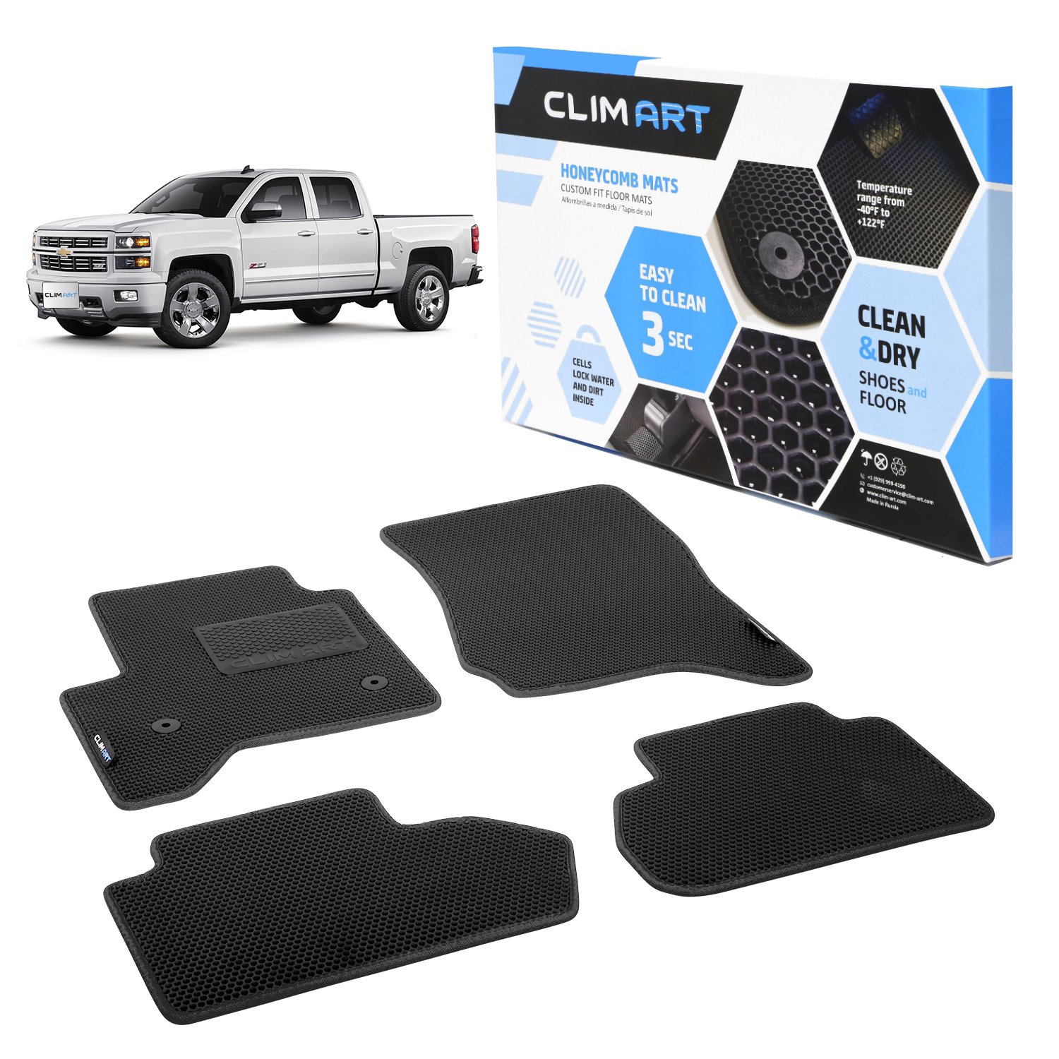 CLIM ART Honeycomb Custom Fit Floor Mats for 2014-2018 Chevrolet Silverado/GMC Sierra Double Cab