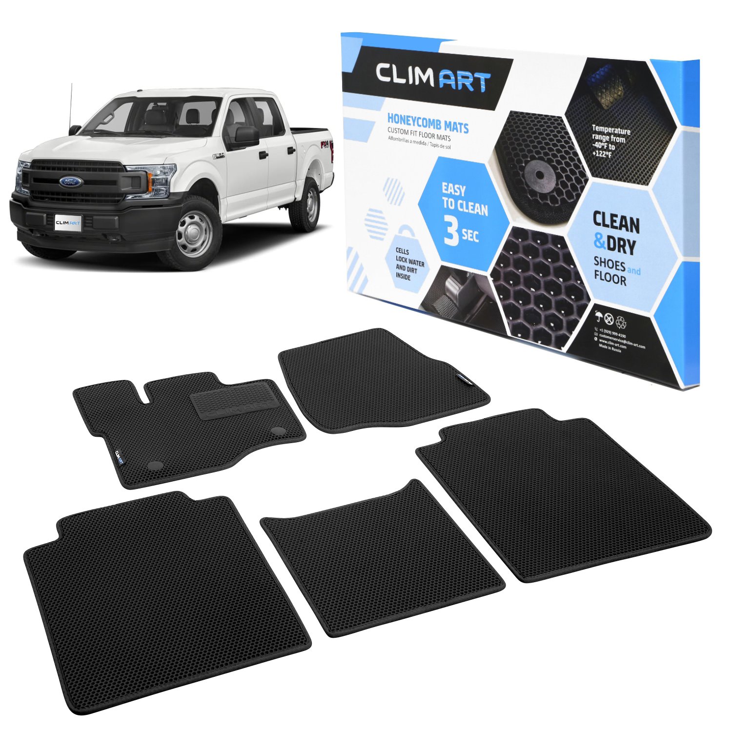 CLIM ART Honeycomb Custom Fit Floor Mats for 2015-2021 Ford F-150 SuperCab