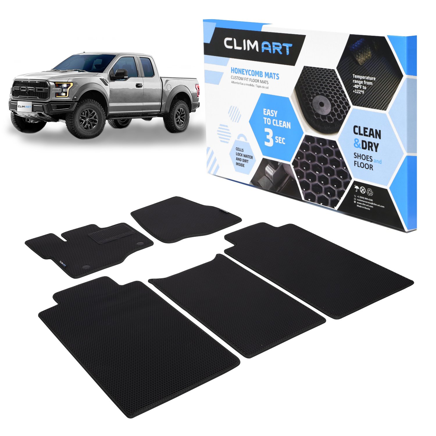 CLIM ART Honeycomb Custom Fit Floor Mats for 2015-2021 Ford F-150 SuperCrew