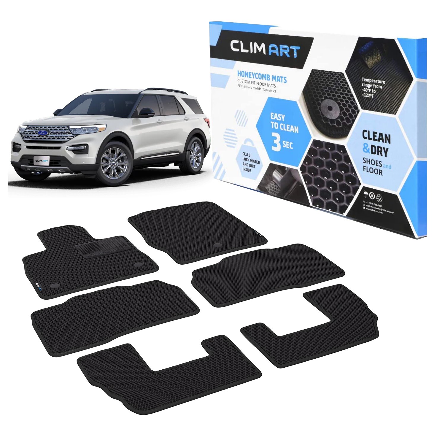CLIM ART Honeycomb Custom Fit Floor Mats for 2020-2022 Ford Explorer