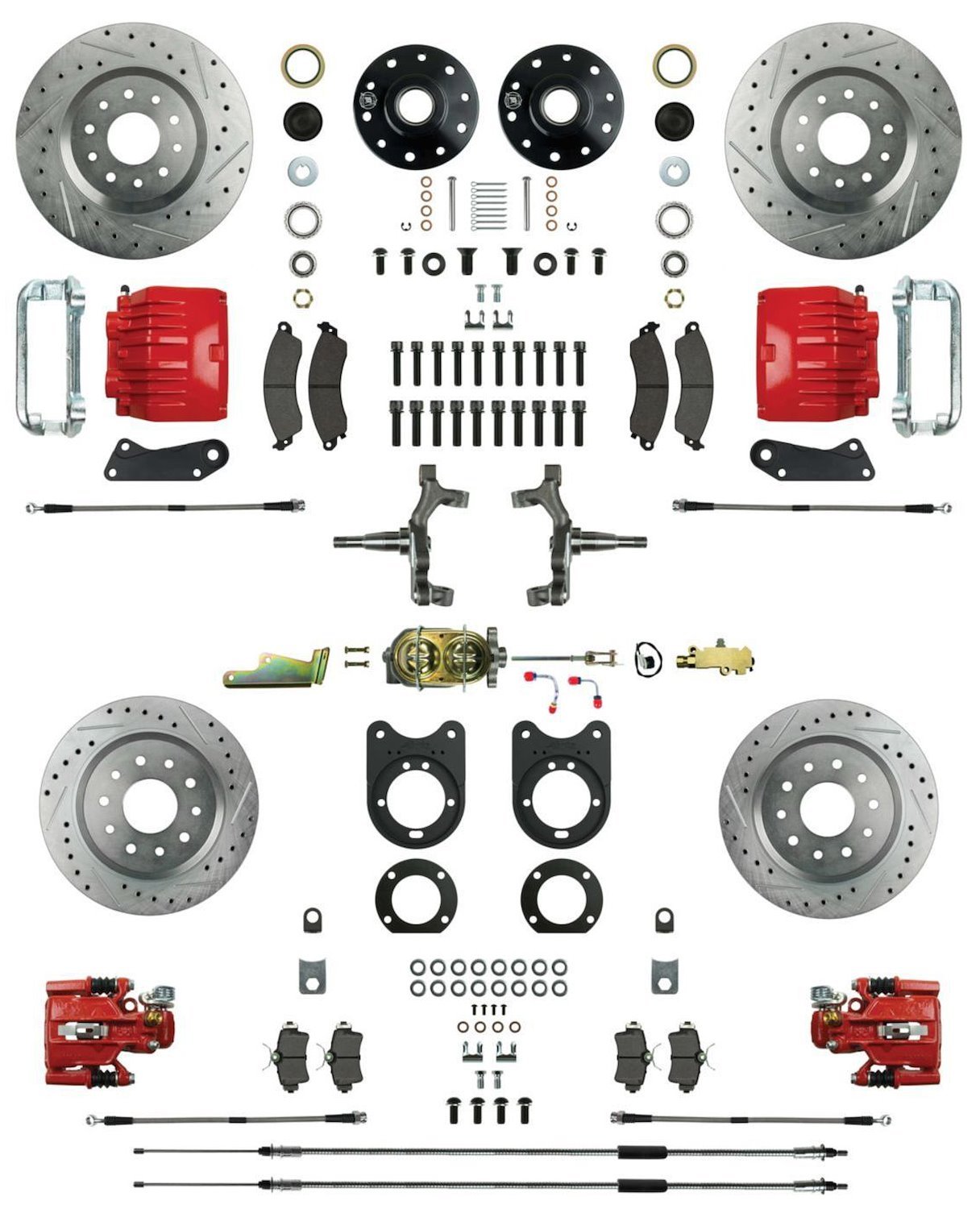 4-Wheel Disc Brake Conversion Kit 1967 GM F-Body Camaro/Firebird with Non-Staggered Rear Shocks [Red Calipers]