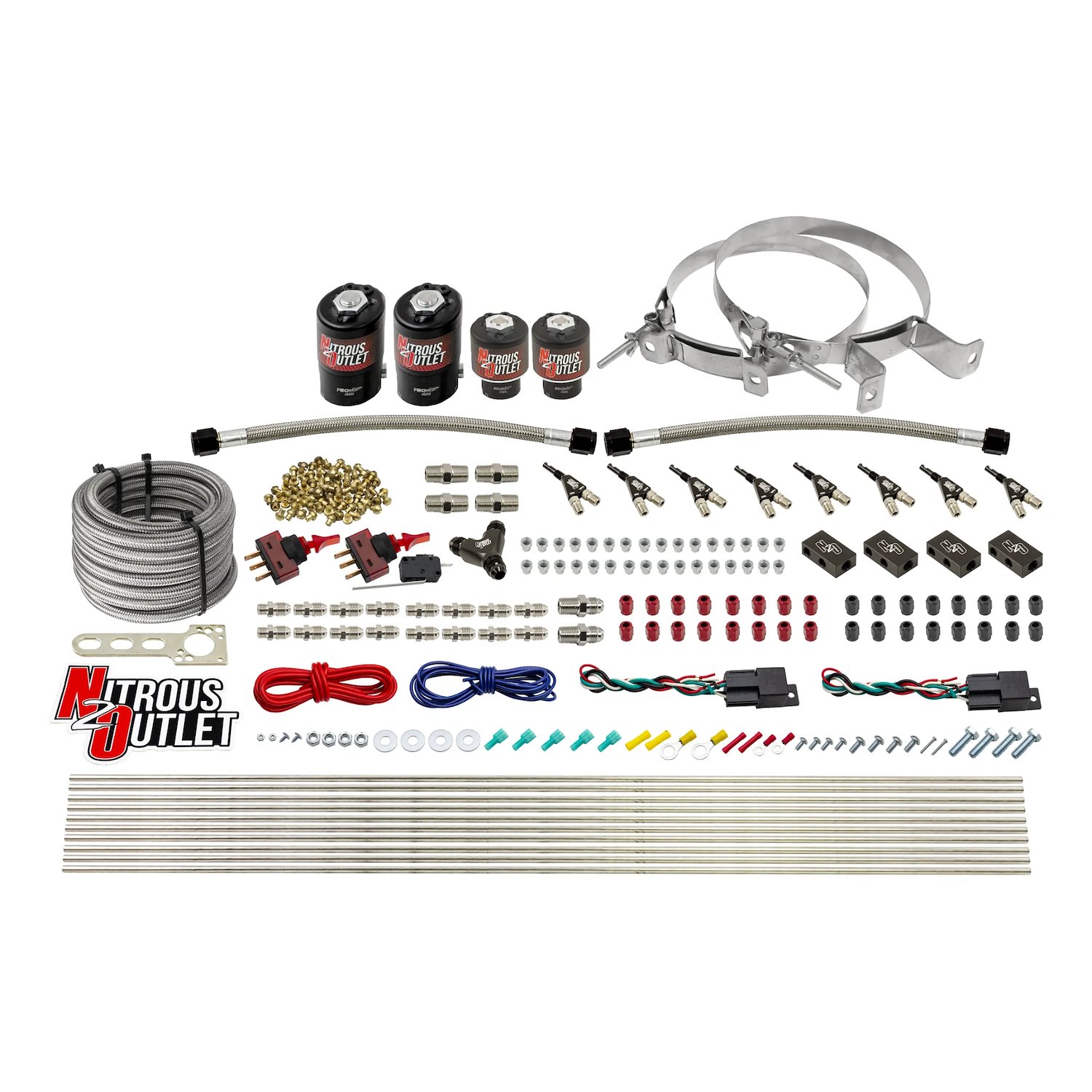 00-10362-DS-00 4-Cyl Dual-Stage Direct Port System, Two .122 Nitrous Solenoids/Two .177 Fuel Solenoids/Distribution Blocks