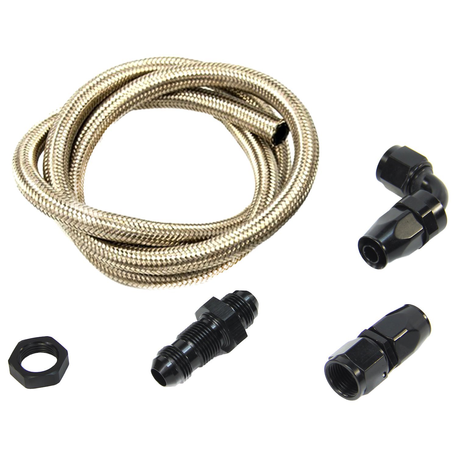 00-35041-B 8AN Pressure Relief Kit, 90-Degree to 90-Degree Bulk Head/3' Steel Braided Hose/Black Fittings