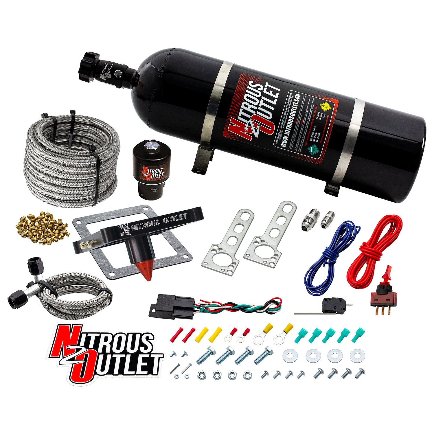 00-10678-GEN3-15 4500 Stinger 3 Dry Race System, Braided Hoses/.178 Trashcan Nitrous Solenoid/Universal Solenoid Bracket, 50-600