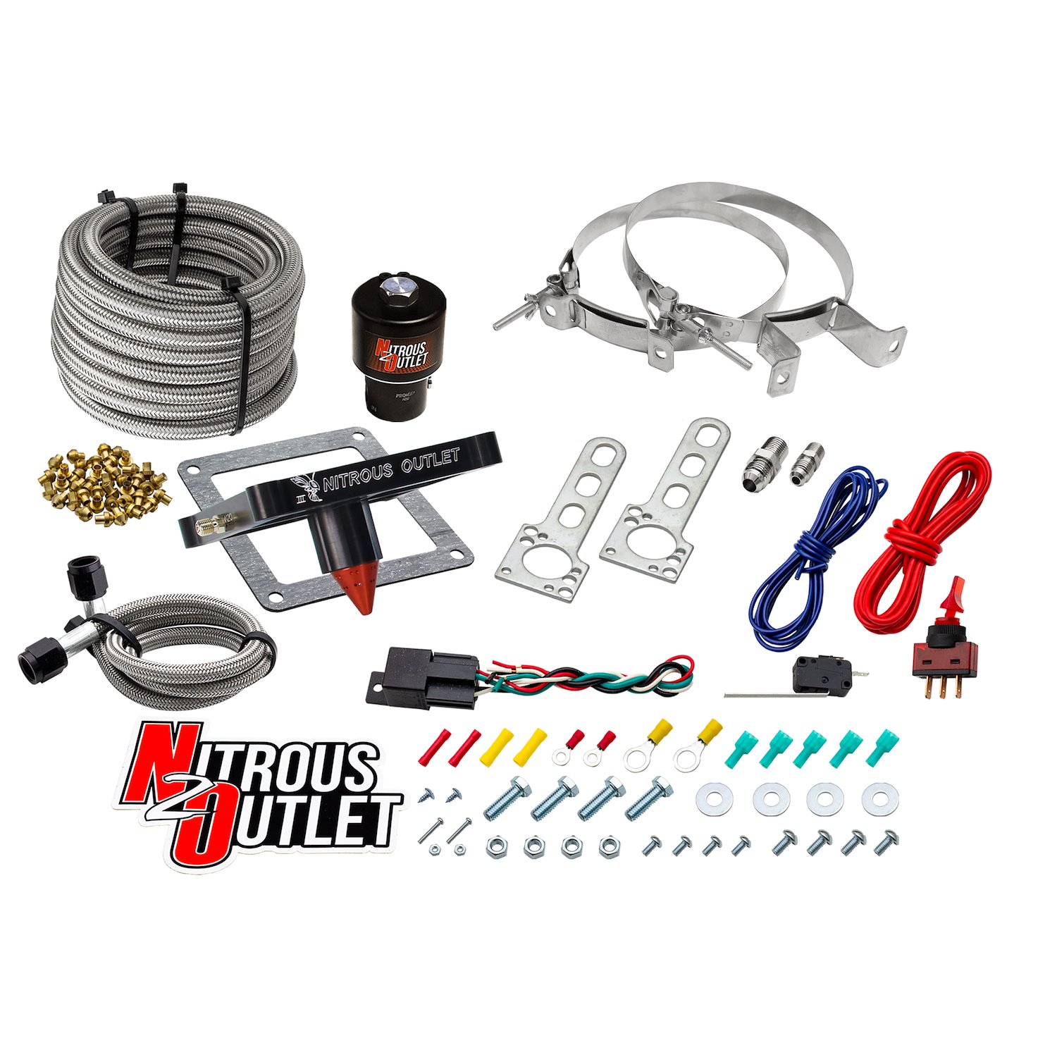 00-10678-GEN3-00 4500 Stinger 3 Dry Race System, Braided Hoses/.178 Trashcan Nitrous Solenoid/Universal Solenoid Bracket