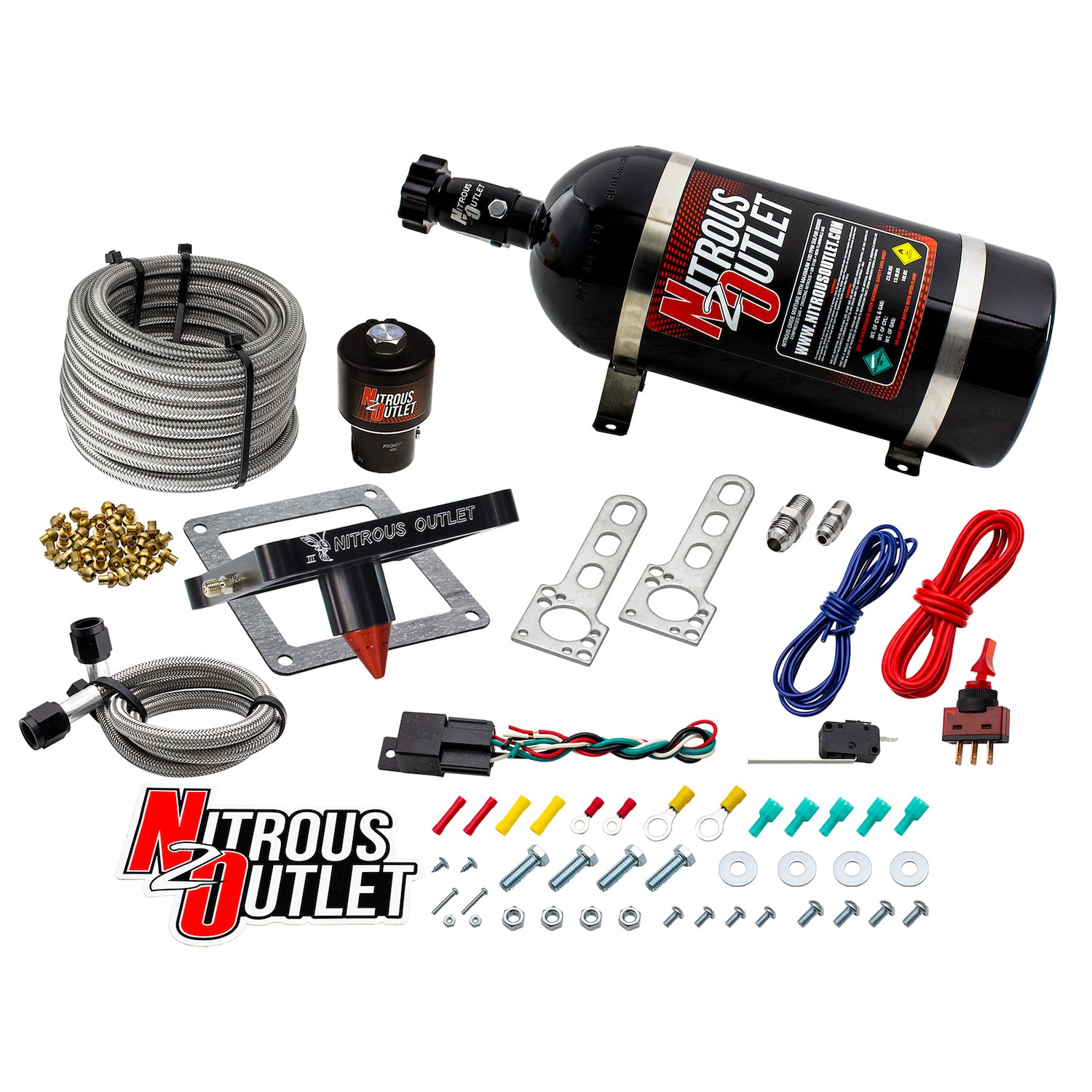 00-10678-GEN3-10 4500 Stinger 3 Dry Race System, Braided Hoses/.178 Trashcan Nitrous Solenoid/Universal Solenoid Bracket