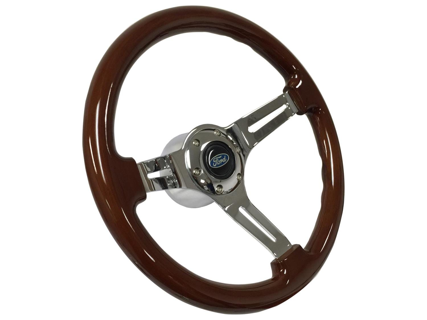 S6 Sport Steering Wheel Kit for 1964-1972 Ford/Mercury, 14 in. Diameter, Mahogany Wood Grip, with 6-Bolt Adapter and Horn Button